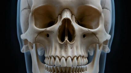 Anatomical human skull rotating slowly on a dark background, showcasing detailed bone structure - Powered by Adobe