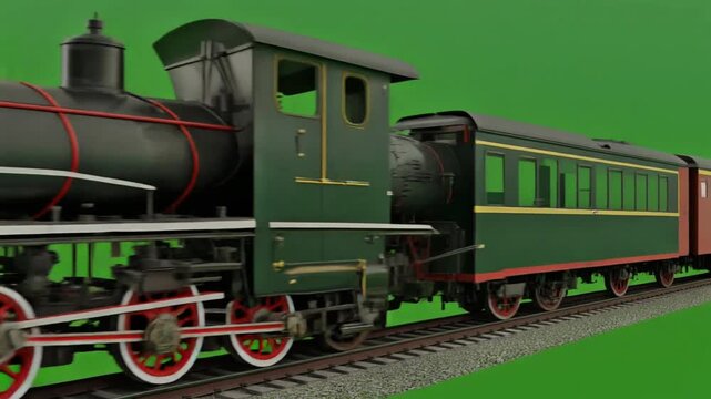 A vintage steam train with red wheels moves along a railway track on a green screen.