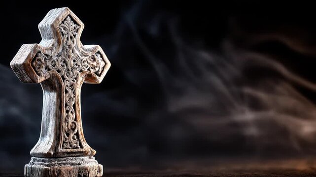Ornate, weathered wooden cross, partially in focus, against a dark, smokey, blurred background