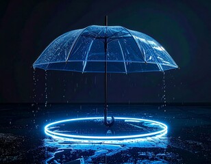 Ethereal transparent umbrella illuminated by a vibrant blue neon ring, capturing cascading water droplets in a captivating play of light and shadow, symbolizing innovation and modern protection