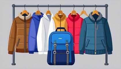 A colorful array of winter and autumn jackets hanging on a clothing rack, accompanied by a versatile blue backpack, ready for travel or daily use in a modern vector illustration