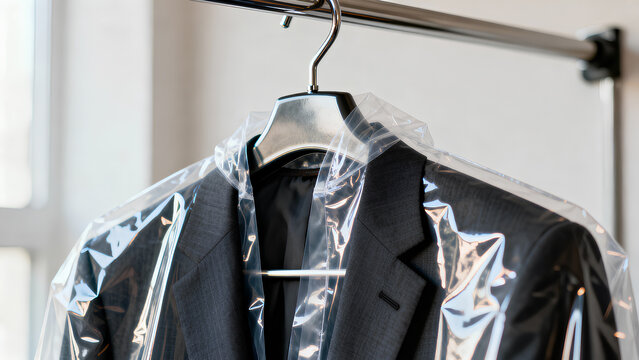 Freshly cleaned gray suit jacket covered in a plastic protective bag hanging on a rack