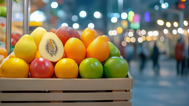 Colorful fruit arrangement with lemon, orange, apple, kiwi, and lime at night street market - Powered by Adobe