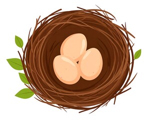 Bird nest graphic illustration with three eggs and green leaves