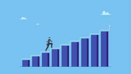 Businessman walk up growth chart and graph with stair to success. Progress or improvement to success, step forward to grow business, journey to achieve goal, ambition or career path.