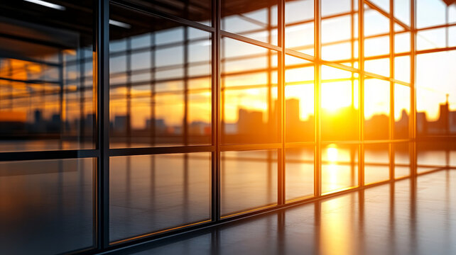 Modern office interior with glass partitions and sunset city view, warm light reflection