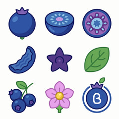 Blueberry Icon Set – Cute Vector Blueberry Fruit, Slice, Flower & Leaf Illustrations