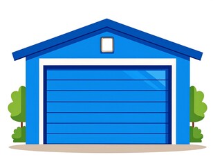Blue cartoon garage with door, roof, bushes, and a small rectangular window
