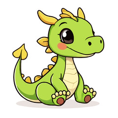 Fototapeta premium A cartoon green dragon sits outlined in black with yellow horns and tail tip against a white background