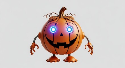 Robotic pumpkin character with glowing eyes standing against a plain background for halloween fun