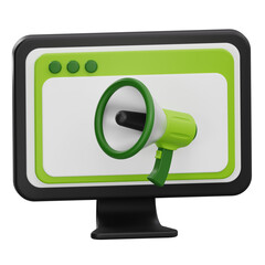3D illustration of computer monitor with megaphone for digital marketing, promotion, and announcement concept