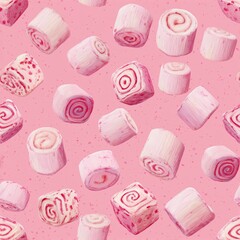 illustration of a seamless pattern with pink marshmallows in the form of rolls on a pastel background sweet pattern for packaging, design and decoration