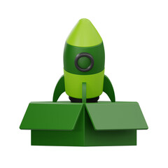 3D icon of green rocket launching from inside a box for thinking out of the box and startup concept