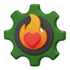 3D icon of gear with fire and heart shape for passion, motivation, and hard work concept