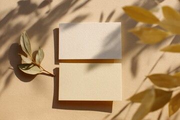 Two blank rectangular cards with natural foliage elements and soft shadows on beige surface
