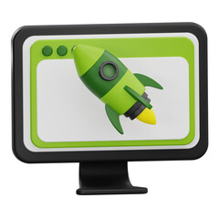 3D rendering of computer monitor with rocket for digital startup and software launch concept