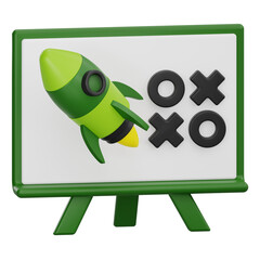 3D rendering of presentation board with rocket and tic tac toe game for business strategy and planning concept
