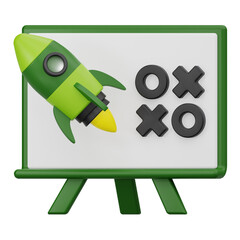 3D rendering of presentation board with rocket and tic tac toe game for business strategy and planning concept