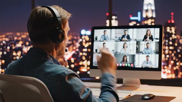 Rear view of a man participating in a virtual meeting from home with city skyline background, concept for remote collaboration, online learning and virtual communication