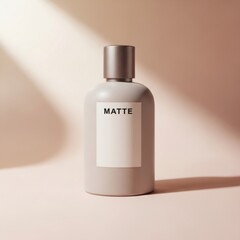 Minimalist matte grey cosmetic bottle with a label on a soft pink background