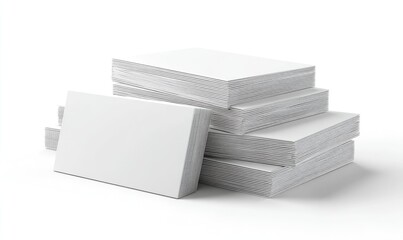 A studio shot presents several stacks of blank, rectangular white paper cards on a white surface
