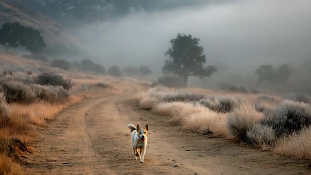 In the foggy foothills, the owner follows the lost dog as it races along an empty route.  A lost terrier ignores calls as a missing dog trots down a remote road.