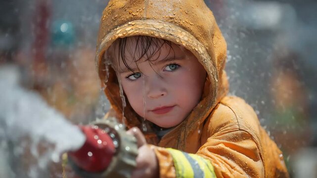 A little firefighter splashes water while clutching a firehose nozzle.