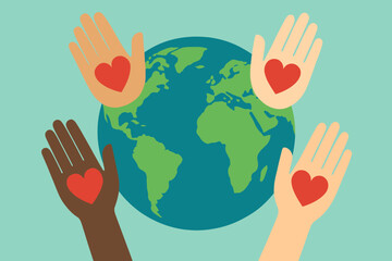 World Unity. Stylized globe surrounded by hands of different skin tones, each with a heart in the palm. The globe is centered, signifying global unity and support. The background
