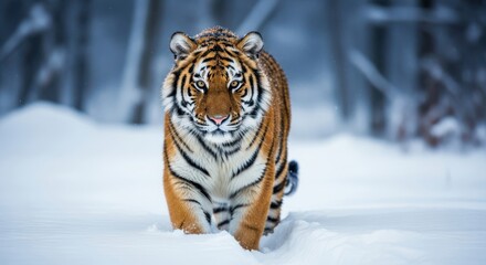 Majestic tiger walks through snowy winter forest majestic powerful predator nature wildlife
