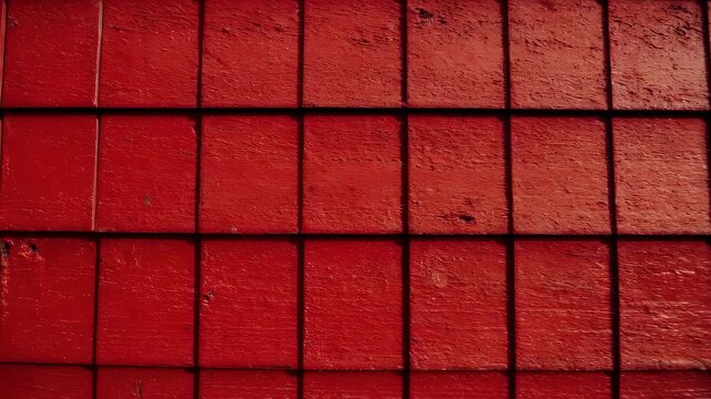 Vivid red, wood shingle wall pattern with square shapes and deep shadows; rustic yet vibrant