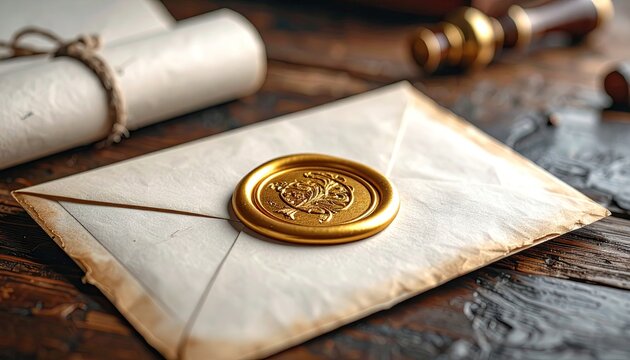 A Sealed Letter with a Golden Wax Seal Rests on a Rustic Wooden Table Beside a Rolled Scroll and an Antique Magnifying Glass