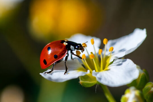 Red ladybug with black spots on a branch, captured in detailed macro with a soft background.