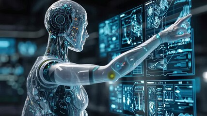 Generative AI. Futuristic humanoid robot interacting with advanced digital interface, showcasing holographic displays and data visualization, representing technology and innovation in artificial - Powered by Adobe