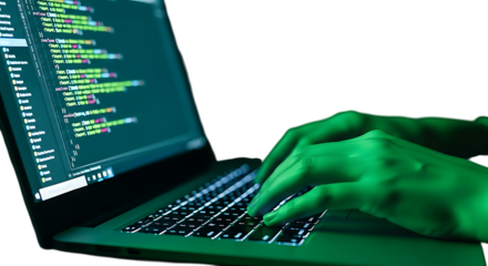 Hacker typing rapidly at laptop keyboard with glowing green code on screen, cybersecurity specialist, digital security, data breach