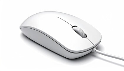 A Simple White Computer Mouse with a Scroll Wheel and Connected Cable on a White Background with Subtle Shadows
