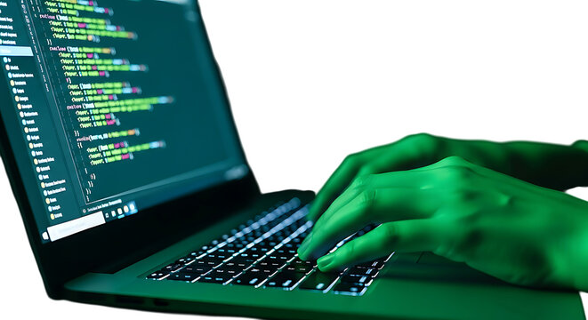 Hacker typing rapidly at laptop keyboard with glowing green code on screen, cybersecurity specialist, digital security, data breach