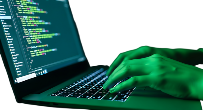 Hacker typing rapidly at laptop keyboard with glowing green code on screen, cybersecurity specialist, digital security, data breach