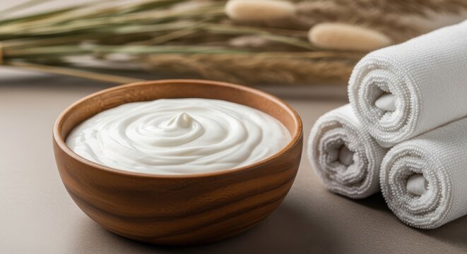 Creamy spa mask in wooden bowl next to rolled white towels and dried botanicals