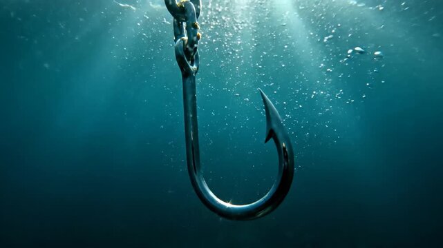 A shiny metal fishing hook is suspended underwater with bubbles rising towards the surface in sunlit teal water, concept for fishing equipment, underwater cinematography and danger awareness.