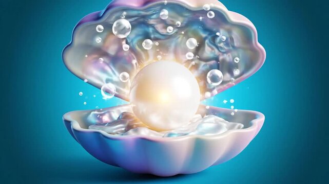 A perfectly shaped pearl resting inside an open iridescent clam shell, on a gradient blue background