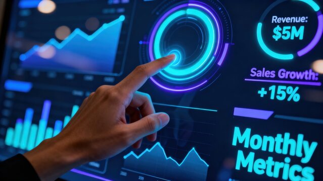 Business Analytics and Data Management Interactive data visualization with metrics on a digital screen.