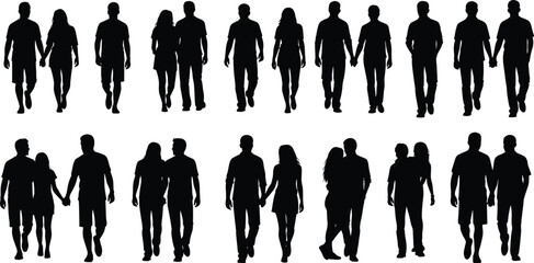 Set of walking people silhouettes, couples and friends strolling forward, front view pedestrians, cad drawing flat vector illustration, isolated