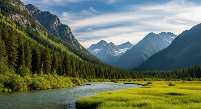 Majestic mountain landscape with serene river and lush green valley