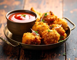 Crispy golden fritters with a dipping sauce, served on an old tray on wood planks