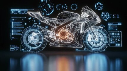 Detailed wireframe of a motorcycle with glowing engine and complex digital interface overlaid, concept for engineering visualization, futuristic vehicle design and interactive simulations - Powered by Adobe
