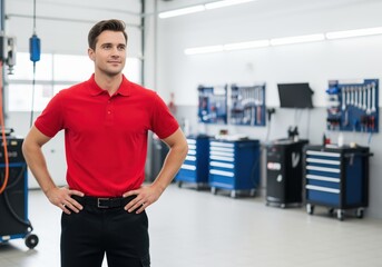Confident male mechanic in red polo shirt standing in a modern auto repair shop