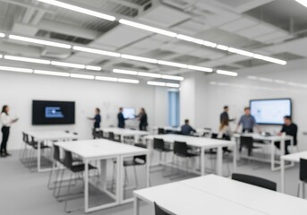 Blurred modern corporate innovation lab with professionals collaborating in a bright workspace