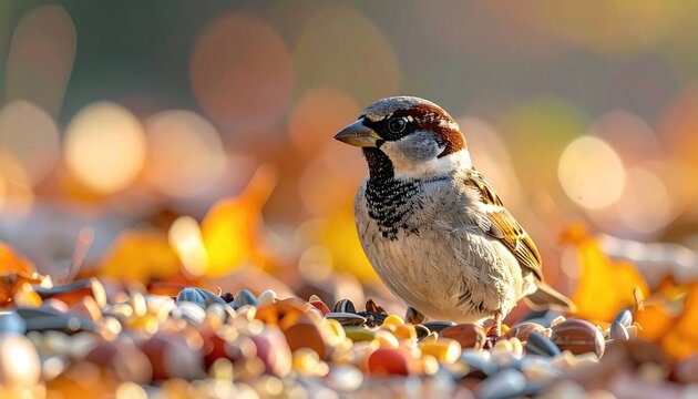 A small sparrow stands on the ground scattered with autumn leaves and birdseed illuminated by warm sunlight creating a soft bokeh background.