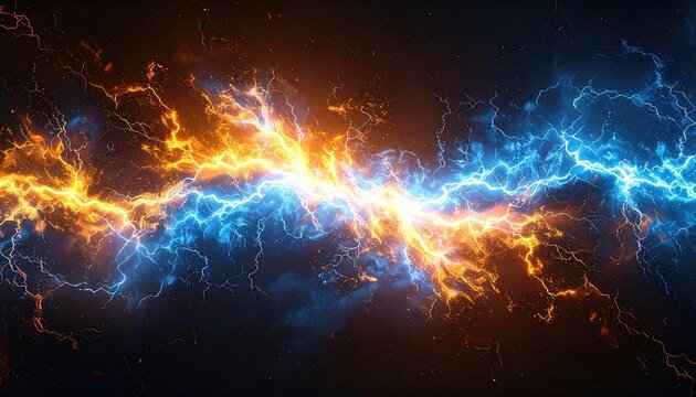 Abstract Electric Energy Clash With Bright Blue And Orange Lightning Bolts And Glowing Particles In Dark Background