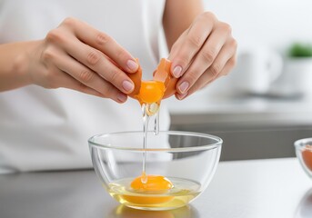 Woman hands cracking a fresh brown egg into a clear glass bowl for cooking